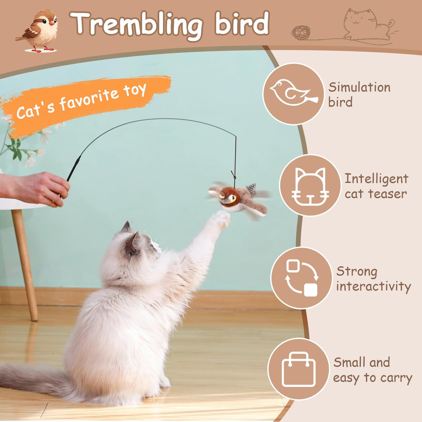 VINGVO Flapping Chirping Sparrow Cat Toys, USB Interactive Simulated Birds Toy for Cats Dogs Indoor with Flapping Swings, Electric Kitten Catnip Exercise Toys for Bored Outdoor Adult Pets Sport Tools
