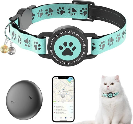 Airtag Cat Tracker Collar Waterproof - Airtag Cat Collar Breakaway - Smart Pet Activity Tracker - Breakaway Tractive with Reflective Pattern - Comfortable Padding, Adjustable (Blue)