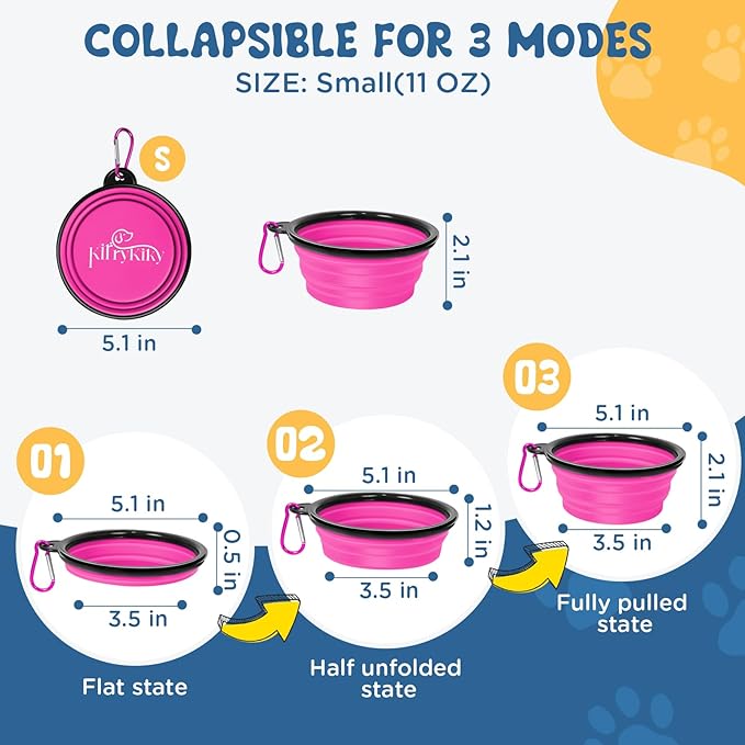Collapsible Dog Bowls, 2 Pack 11oz Pack Portable Travel Dog Bowls, Foldable Water Bowl for Dogs Cats, Pet Feeding Watering Dish with Carabiner, Food Grade Silicone BPA Free(Pink+Orange, Small)