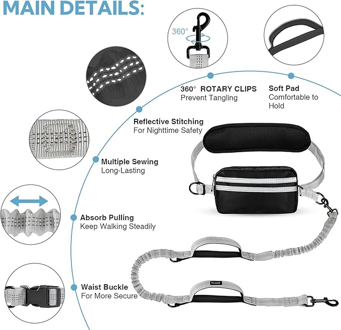 Hands Free Dog Leash with Pouch, Double Leash for Two Dogs, Retractable Bungee with Double Padded Handles, Dog Waist for Dog Walking, Running for Dogs, Dog Walking Accessories