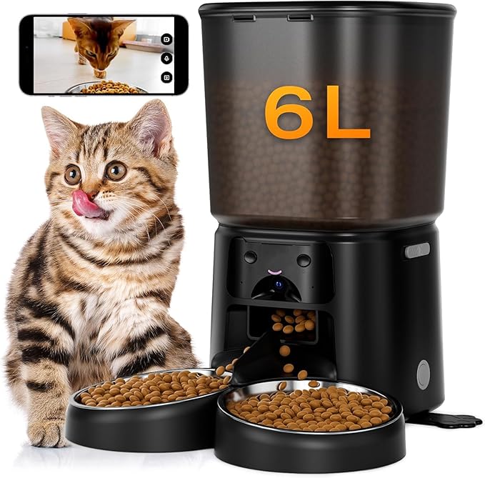 Automatic Cat Feeder with Camera, 6L WiFi Smart Pet Feeder with APP Control, 1080P HD Video, Voice Call, Motion Detection, Dual Power Supply, for Dogs Cats, Small-Pet(Black, 6L)