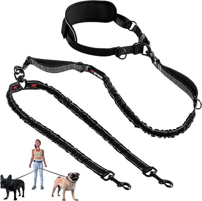 Tuff Pupper Heavy Duty Hands Free Dog Leash | Two Small/Medium Dogs Up to 90 lbs | Comfortable Shock Absorbing Bungee | Reflective Padded Handles | Lumbar Waist Belt 22-45" | Jogging Running Leash