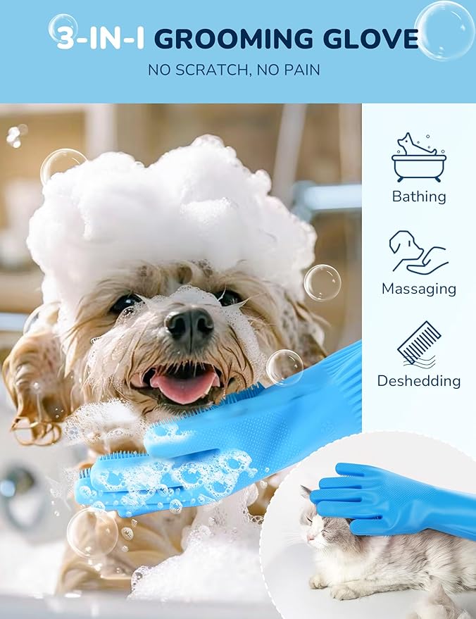 Pecute Pet Grooming Gloves, Heat Resistant Cat Bathing Gloves with High-Density Teeth, Silicone Dog Bathing Gloves with Enhanced Five Finger Design, Bathing and Massaging for Dogs and Cats