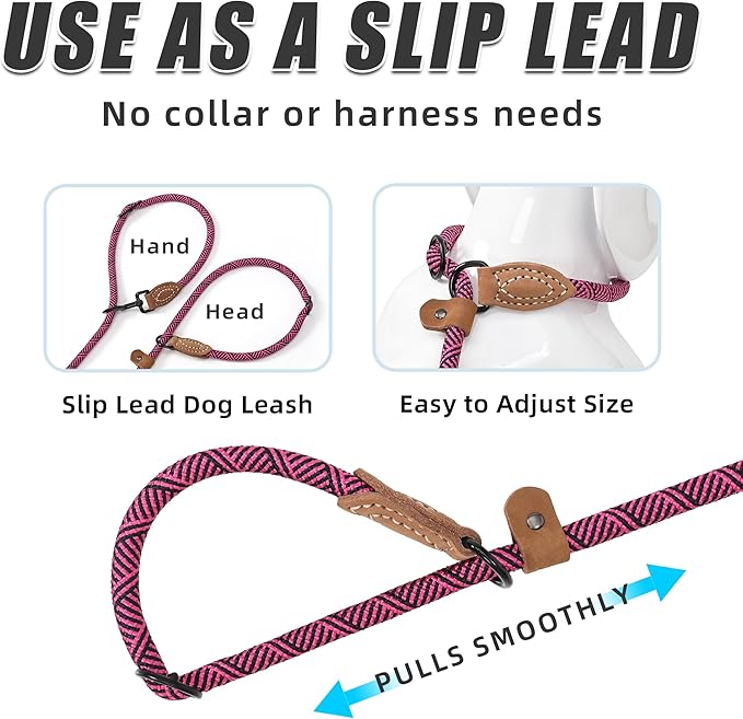 Mile High Life Hands Free Dog Leash, Crossbody Waist Leash with Genuine Leather Connection, Multifunctional Adjustable Slip Lead for Dog Walking Running (Hot Pink, 7FT)