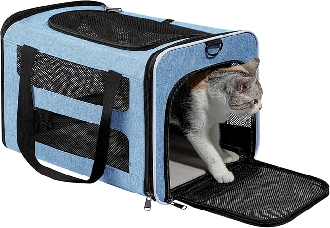 Cat Carrier Soft-Sided 18x11x11 Inch Travel Bag for Medium Cats Over 15lbs, Small Dog Carrier Crate Top Entry Breathable Mesh Puppy 12 Pounds, Pet Rabbit Carrying Cage Kennel Collapsible Blue