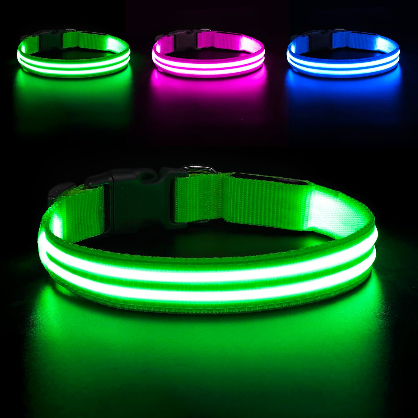 BSEEN Light Up Dog Collar - LED Dog Collar Rechargeable Lighted Pet Collars Glow in The Dark Puppy Collar Safety Dog Lights for Night Walking(Green, Small)