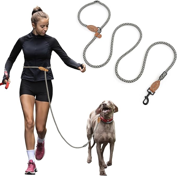 Mile High Life Hands Free Dog Leash, Crossbody Waist Leash with Genuine Leather Connection, Multifunctional Adjustable Slip Lead for Dog Walking Running (Black Khaki, 7FT)