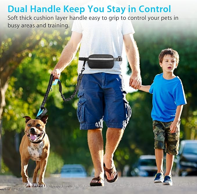 Hands Free Dog Running Leash with Zipper Pouch, Dual Handle, Elastic Bungees Retractable Rope for Medium and Large Dogs, Waist Bag Pack Carry Phones for Walking Hiking Biking (Large, 25-120lb)