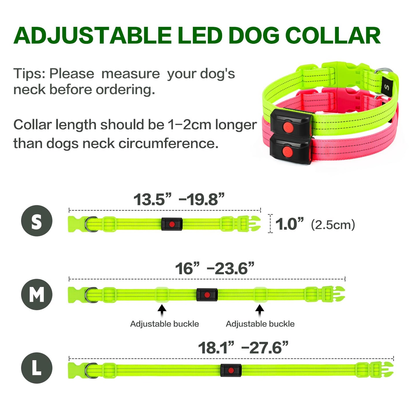 Light Up Dog Collar for Night Walking Flashing, LED Dog Collar Light Rechargeable Reflective Dog Collar Water-Resistant Adjustable Size Dog Collars for Medium Dogs
