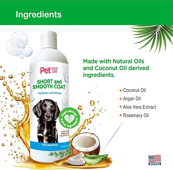 Natural Dog Shampoo for Short Coats – Hydrating Wash with Aloe, Argan & Coconut Oil – Deodorizing for Dachshunds, French Bulldogs & Boxers, Labrador Retriever – 16 oz