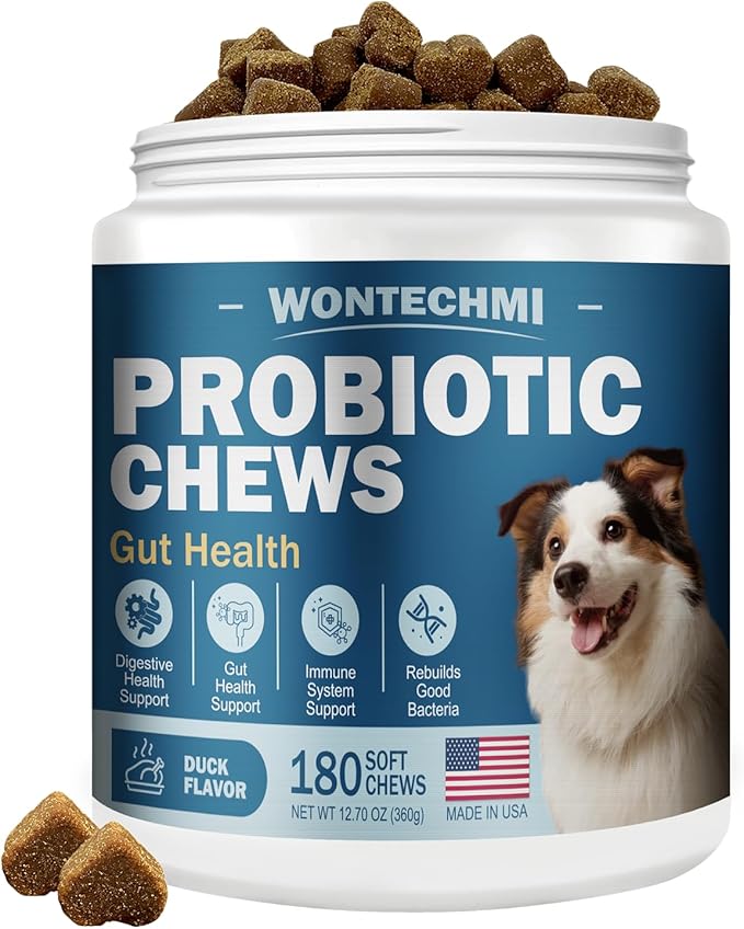 Probiotics for Dogs, Improve Itchy Skin Itchy Ears, Gut Health, Yeast Balance, Allergies, Immunity, Dog Probiotics and Digestive Enzymes with Prebiotics, Reduce Diarrhea (180 Chews, Duck)
