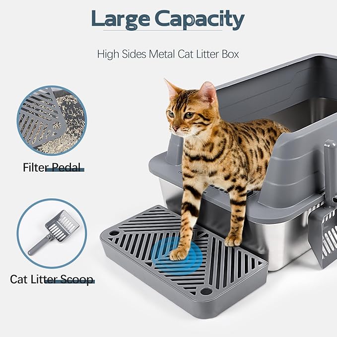 Stainless Steel Litter Box, XL 22.9”x15”x 10.3” High Sided Metal Cat Litter Tray with Scoop, Filter Pedal for Anti-Splash, Odor-Free, Non-Sticky, Easy to Clean (Dark Grey)