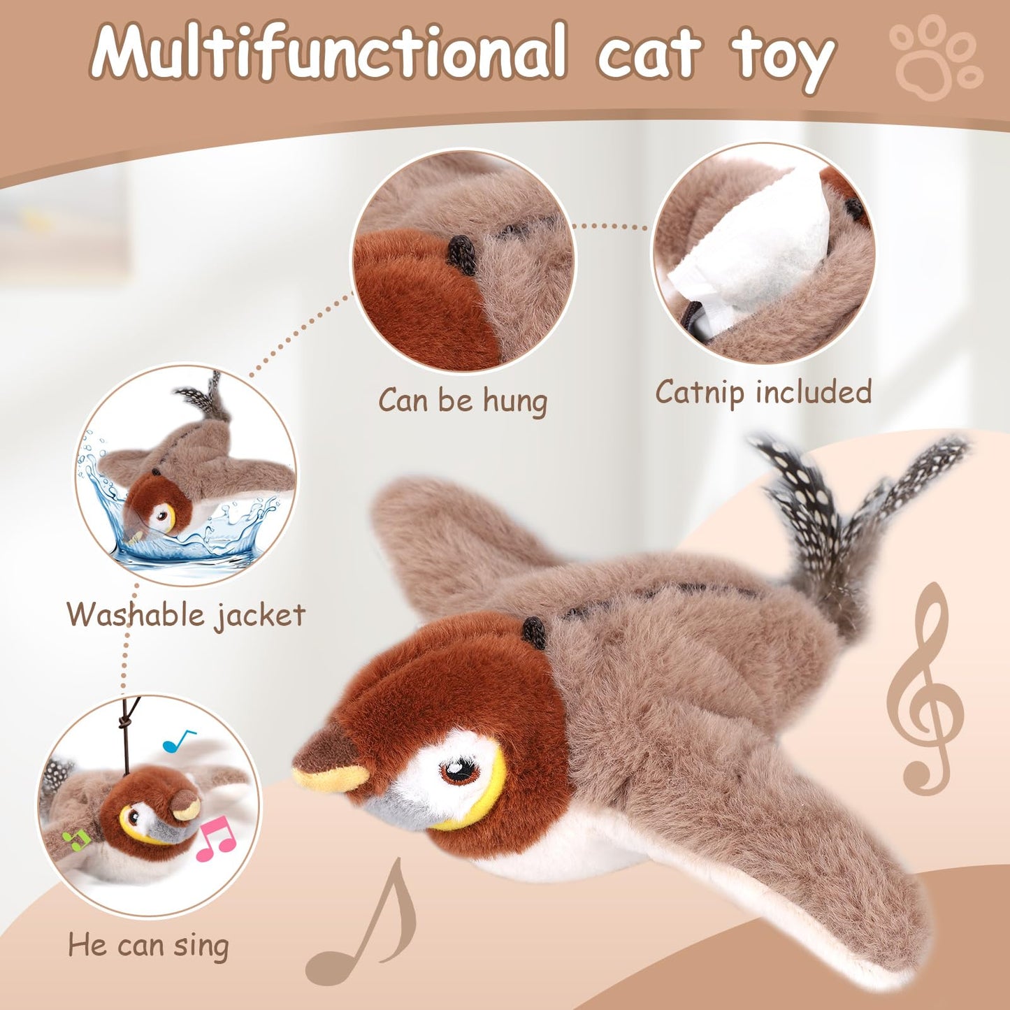 VINGVO Flapping Chirping Sparrow Cat Toys, USB Interactive Simulated Birds Toy for Cats Dogs Indoor with Flapping Swings, Electric Kitten Catnip Exercise Toys for Bored Outdoor Adult Pets Sport Tools