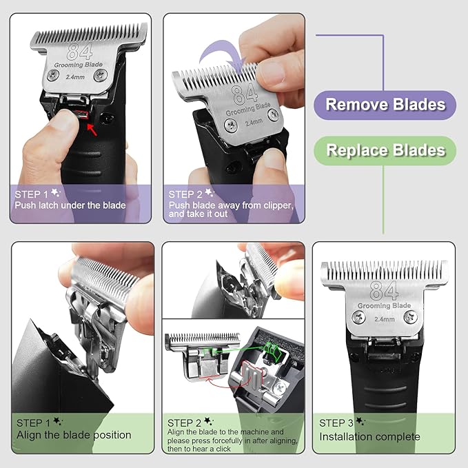 2 Pack T84# Detachable Pet Dog Grooming Stainless Steel Blades,Compatible with Andis/Oster A5/Wahl KM10 Series Dog Clippers,Cut Length 3/32"(2.4mm)