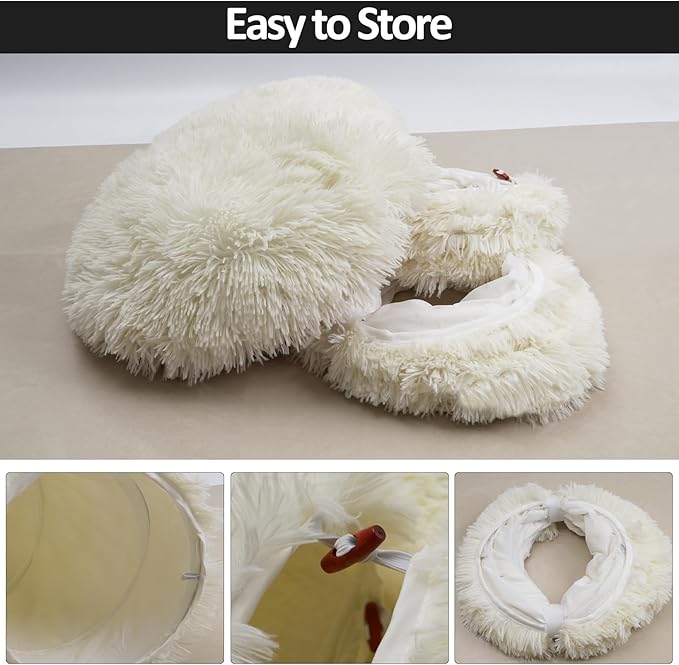 White Fluffy Warm Plush Cat Round Tunnel Tube, Soft Collapsible Multi-Combinations Cat Donuts Bed for Kitty Kitten Puppy Rabbit Ferret