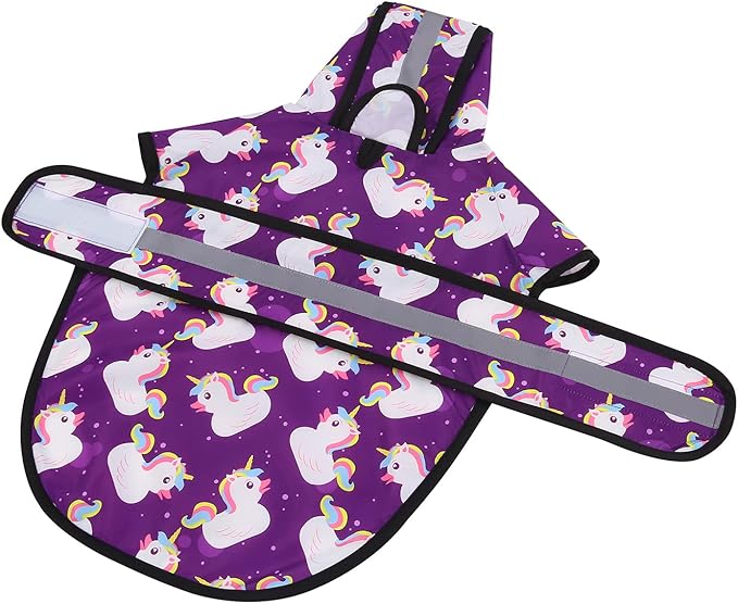 HDE Dog Raincoat Jacket Reflective Adjustable Hooded Pet Poncho Rain Coat with Leash Hole for Small to X-Large Dogs Purple Unicorn Ducks - S