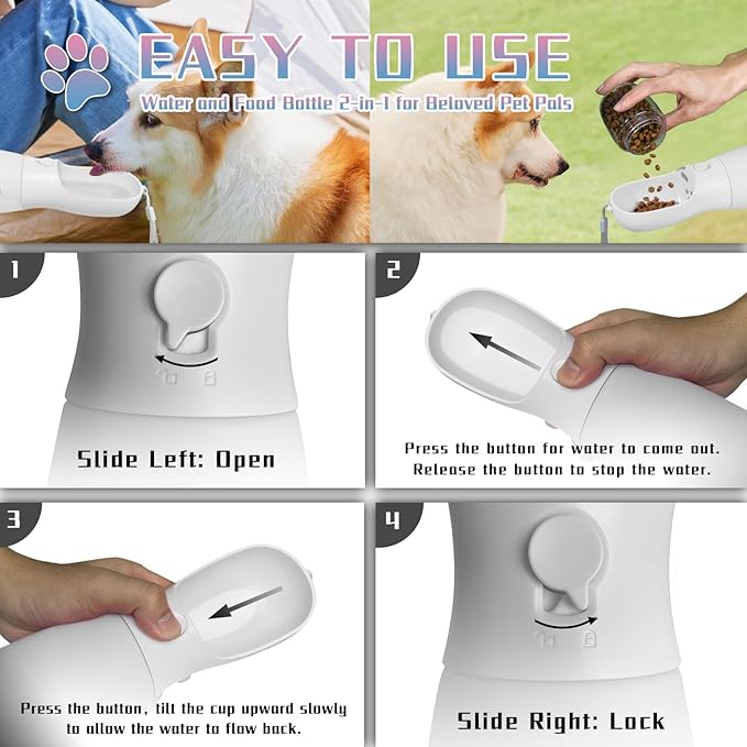 Portable Dog Water Bottles, 2-in-1 Food Grade Pet Water Bottle with Food Container, Large Capacity Dog Water Dispenser, Outdoor Dog Accessories for Camping, Dog Gifts (19Oz, Black&White)