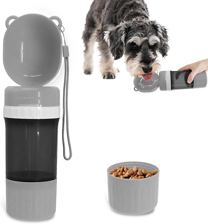 2-in-1 Pet Travel Water Bottle & Food Container - 14 oz Water + 6 oz Food Dispenser, Leak-Proof Portable Dog Water Bottle Bowl for Walking, Hiking, Camping Grey