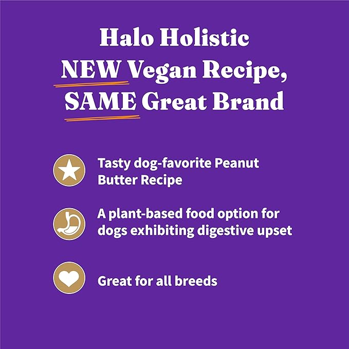 Halo Holistic Vegan Dog Food, Plant-Based Peanut Butter Recipe, Dry Dog Food, Complete Digestive Health, Kibble for Adult Dogs, 21 lb Bag