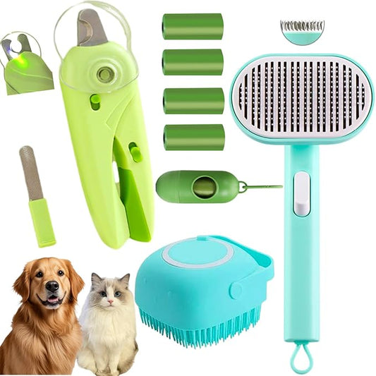 Dog cleaning and grooming 8-piece set, nail files with LED Light and Nail file, dog comb, cleaning brush, Bags Dispenser and trash waste bag, dog poop bags dispenser, grooming supply package