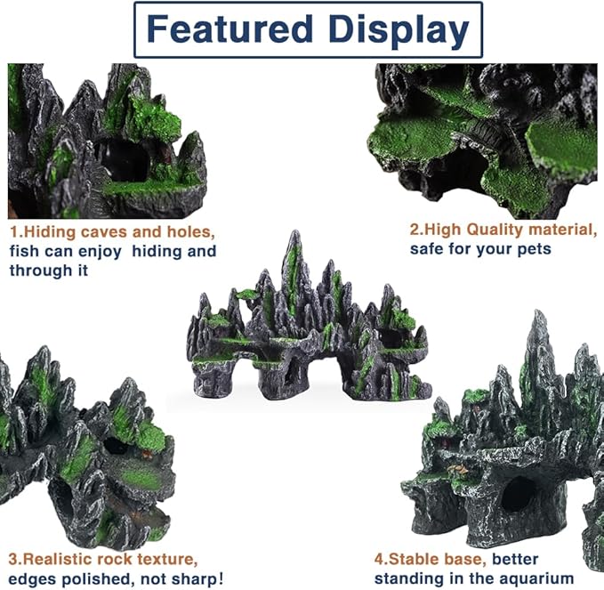 Large Fish Tank Decorations - Aquarium Rock Mountain View Ornament Tree House Cave for Large Glofish Tank - 13 Inches Long