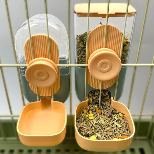 Hanging Automatic Pet Food Water Dispenser, 35oz Rabbit Feeder for Cage Gravity Feeder Siphon Waterer Set for Rabbit Chinchilla Hedgehog Ferret Cat Puppy (Orange)