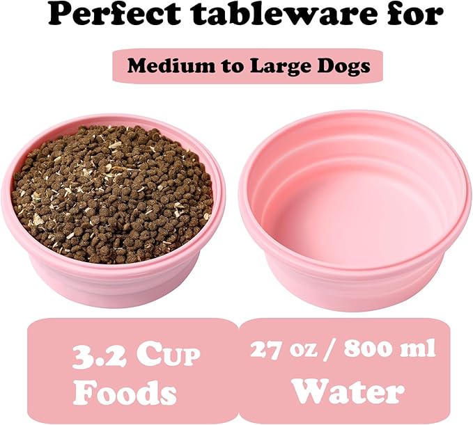 Collapsible Dog Bowls with Lids, 2 Pack Portable Travel Dog Bowls for Small Medium Large Dogs, Silicone Foldable Outdoor Dog Cat Food Water Bowls for Camping Hiking Road Trip, Pink 27 oz