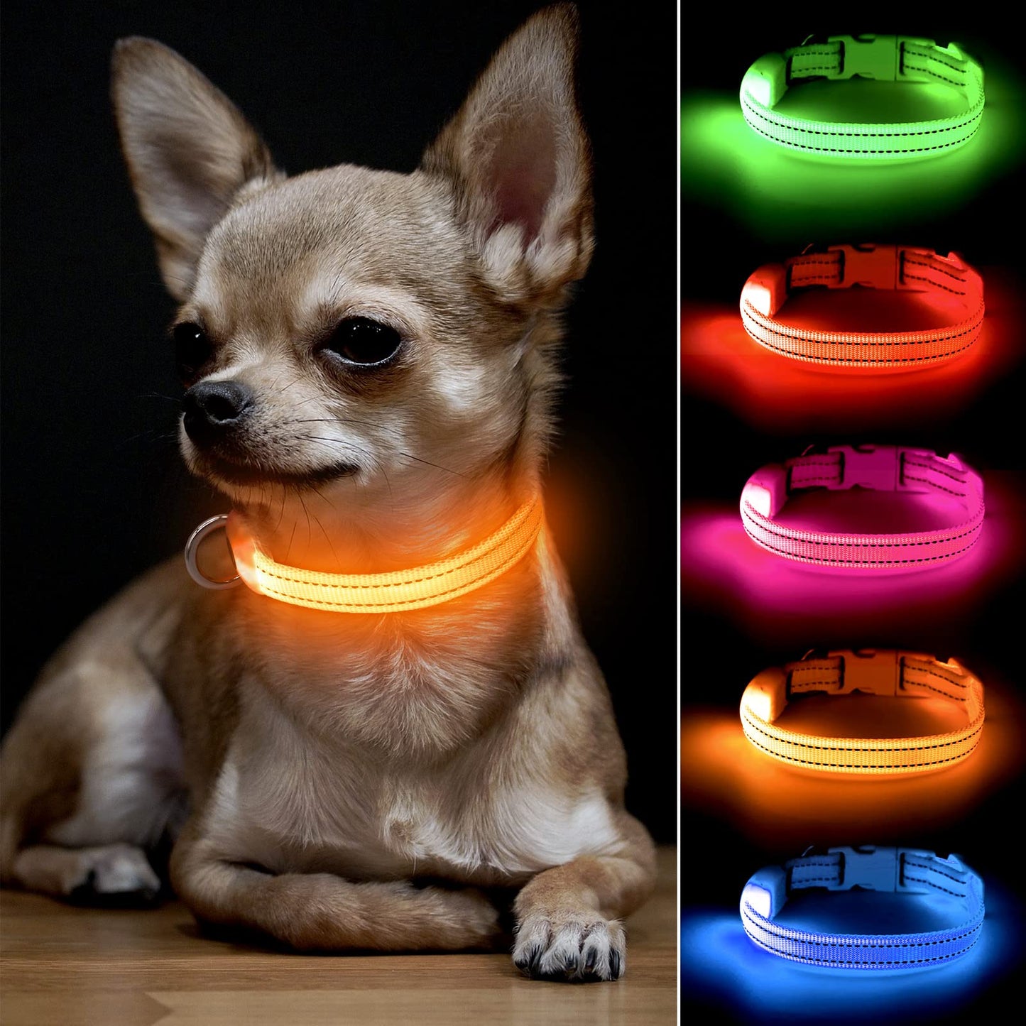 BSEEN Light Up Dog Collar, Rechargeable LED Dog Collar Glowing Cat Collars Reflective Puppy Collar Safety Dog Lights for Night Walking(Orange, XS)
