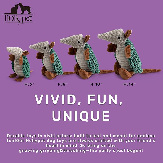 Hollypet Plush Dog Squeaky Toy Stuffed Armadillo Animal Pet Puppy Chew Toys with Clean Teeth for Small Medium Large All Breed Sizes Dogs, Deep Green,8 in