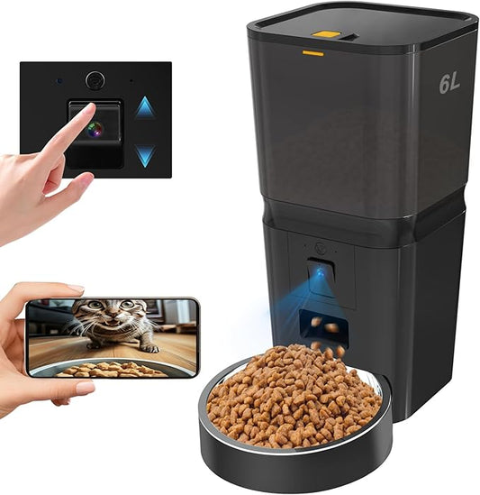 Automatic Cat & Dog Feeder with Camera, 6L Smart WiFi Pet Food Dispenser for Small Pets & Multi-Cat Homes - Timed Feeding App, Battery Backup, Voice Recorder, Night Vision & Portion Control