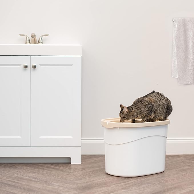 IRIS USA Top Entry Cat Litter Box, Large Enclosed with Litter Catching Lid and Scoop, Dog Proof, Cat Litter Box, White/Beige