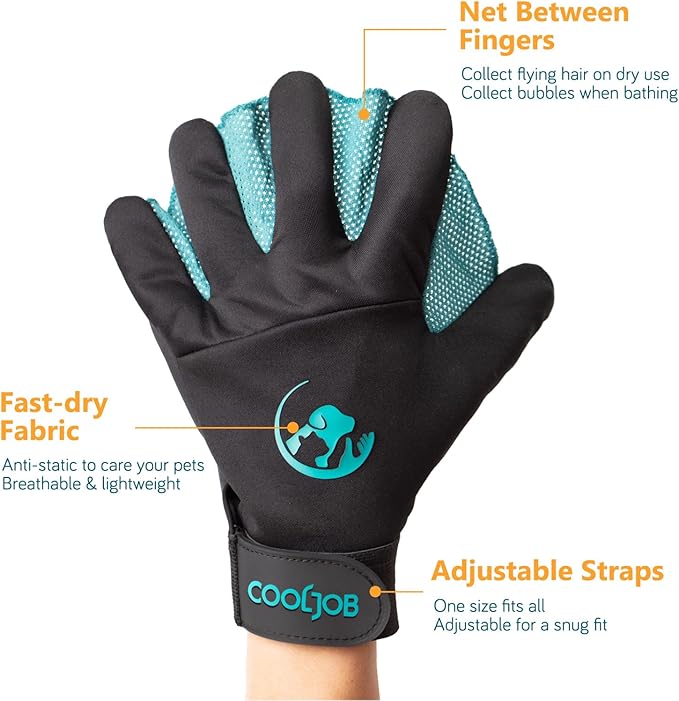 COOLJOB Patented Pet Grooming Gloves with Web, Reusable Washable Cleaning Brush Massage Hair Remover for Short Long Haired Dog Cat Horse Animal, Washing Bathing Shedding Supplies, Large, Blue Black