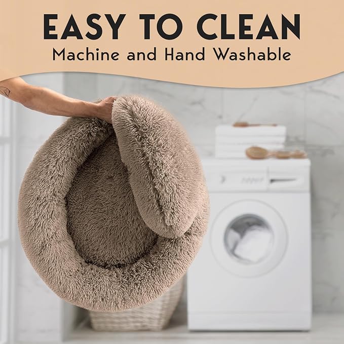 PetJett Calming Large Dog Bed - 36'' Donut Dog Beds, Anti-Slip & Washable Large Round Bed, Fluffy Faux Fur Pet Bed, Super Soft Anti-Anxiety Premium Comfort Bed, Fits Dogs up to 100 lbs - Beige