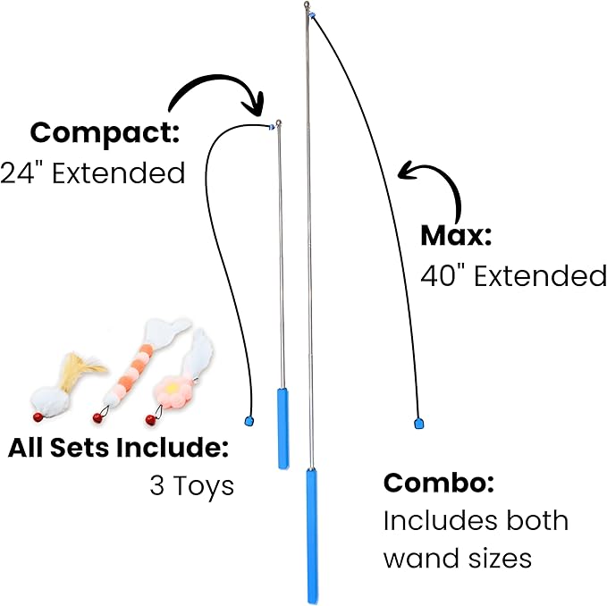 Magnetic Catch Wand (Combo 24" & 40") Cat Toy – Interactive Telescoping Wand for Indoor Cats and Kittens, Magnetic Easy Catch & Release, Durable Enrichment Toy with 3 Lures