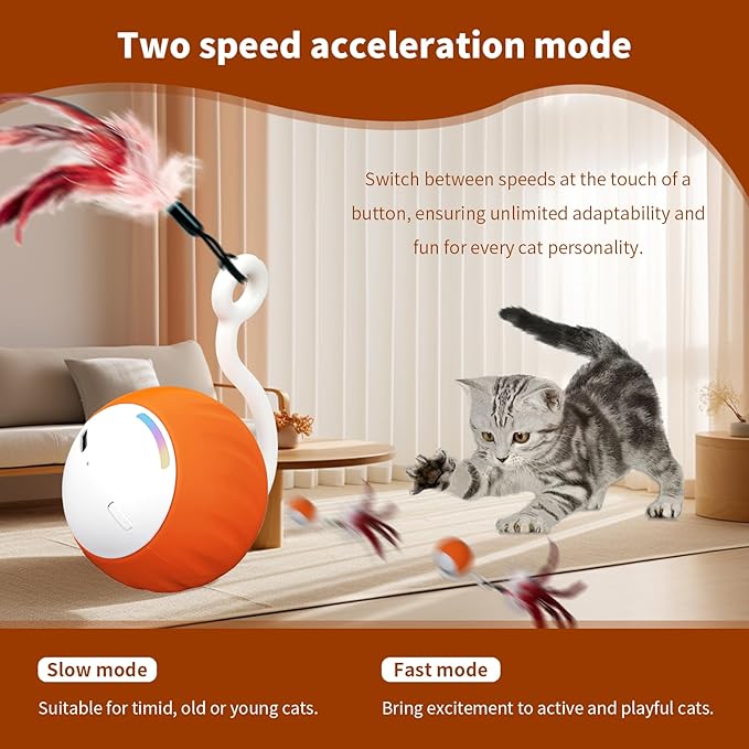 Cat Toys Interactive for Indoor Cats, Touch & Sound Smart Control - Fast slow 2 Speed Motion Activated Cat Ball Toy for Bored Cats With LED Lights, Feathers Tail, USB Charging Cable, 6in1 - Orange
