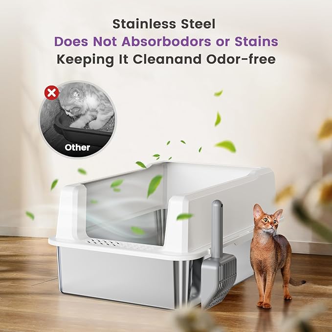Extra Large XXL Stainless Steel Cat Litter Box with Lid, 26" L x 18" W x 12" H Metal Litter Box with Hight Sides for Big Cats & Multiple Cats, Never Absorbs Odors, Anti-Urine Leakage, Easy Cleaning