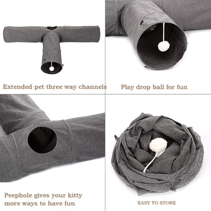 Ownpets Cat Tunnel, 3 Way Collapsible Kitty Tunnel 47 inch Long Cat Tube with Plush Ball & Feather Toy, Cat Play Tunnel for Indoor Cat, Kitten, Rabbit