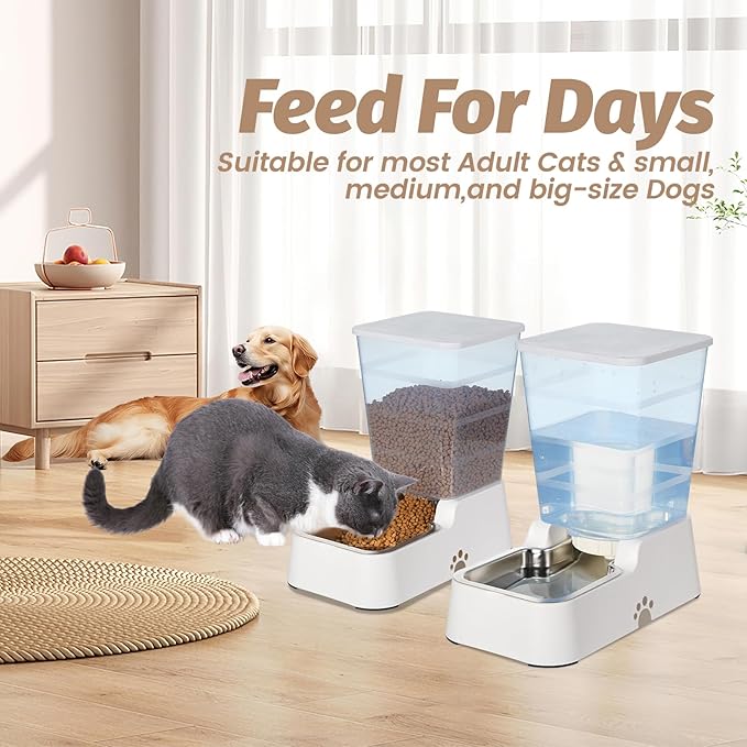 Automatic 5.4L/1.4Gal Pet Waterer, Automatic Dog Water Dispenser Gravity Stainless Steel Water Feeder, Large Capacity Feeding Bowls for Cats and Medium & Large-Sized Dogs (White, Food+Water)