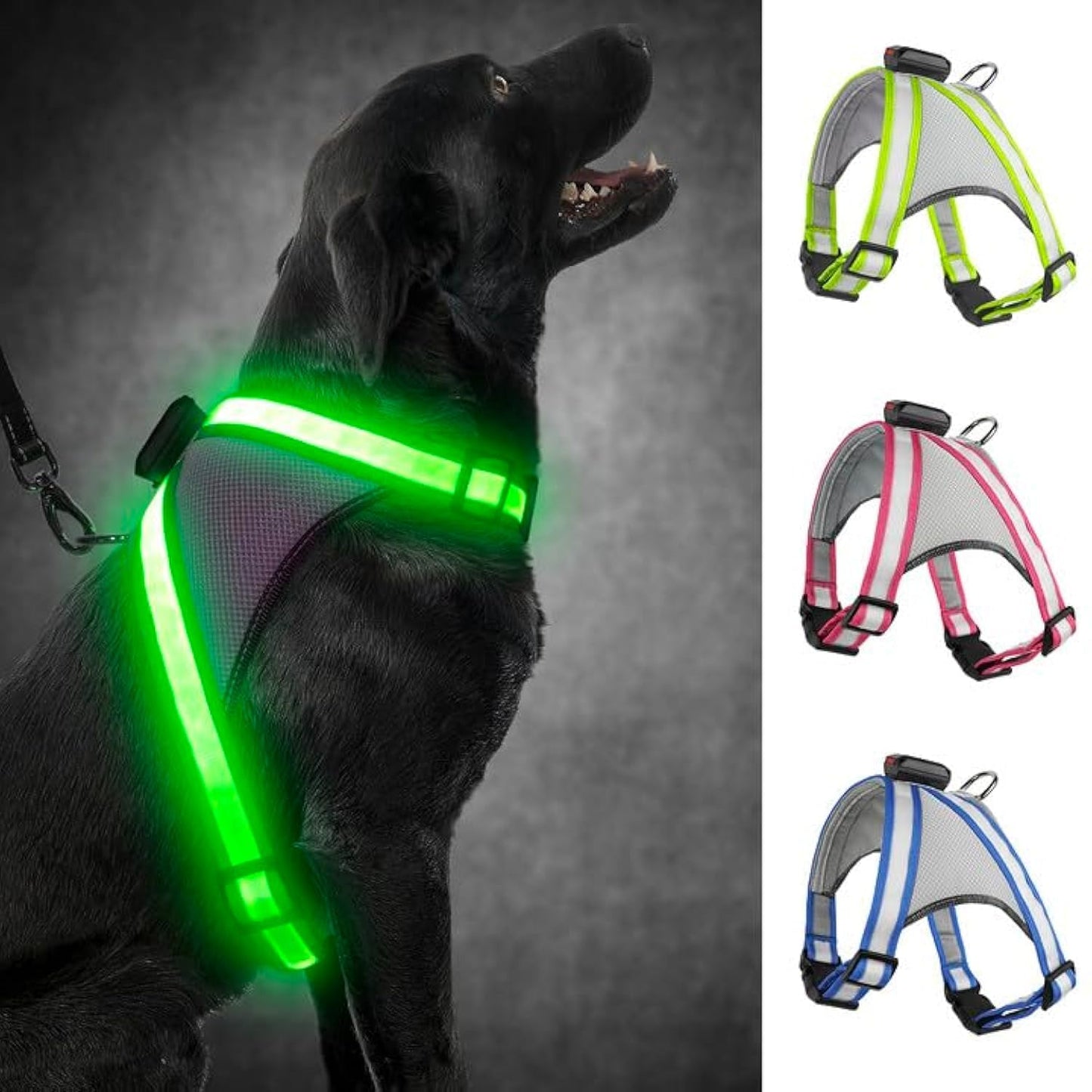 Visinite LED Dog Harness, USB Rechargeable Light Up Dog Vest, 2 Illuminate Modes Glow in The Dark Dog Harness, Adjustable Lighted Pet Harness Light for Night Walking Safety (Green, L)