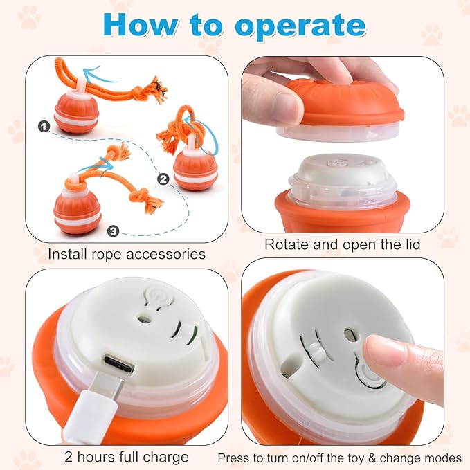 Interactive Dog Ball, Interactive Dog Toys, Moving Dog Ball with Touch Activated for Small Medium/Puppy Dogs, Moving Dog Toys with Rope for Boredom Relief Daily Training, USB Rechargeable