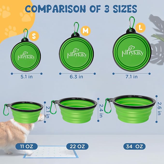 Collapsible Dog Bowls, 2 Pack 11oz Portable Travel Dog Bowls, Foldable Water Bowl for Dogs Cats, Pet Feeding Watering Dish with Carabiner, Food Grade Silicone BPA Free(Pink+Green, Small)