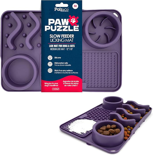 Palz&Co Paw Puzzle 2-in-1 Slow Feeder & Lick Mat for Dogs and Cats, Dry and Wet Food, Dishwasher Safe Silicone, Medium 12"x8", Purple