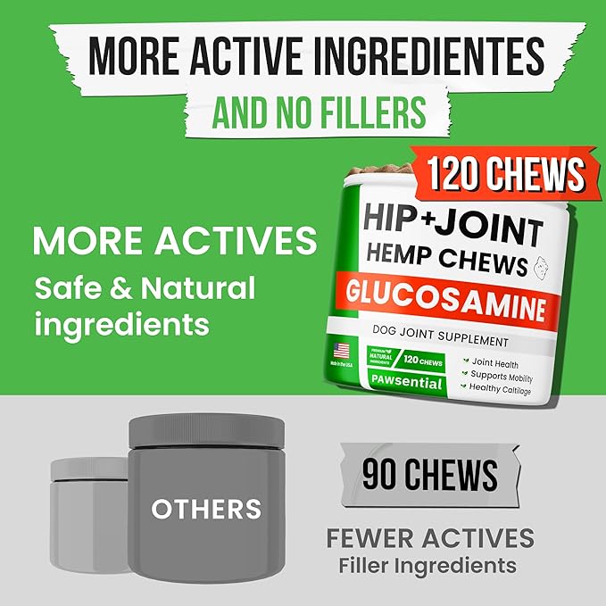 Advanced Hemp Hip & Joint Supplement for Dogs - Glucosamine for Dogs - Dog Joint Pain Relief Treats - Chondroitin Turmeric MSM Hemp Oil - Hemp Treats for Joint Health - Senior Mobility Support Chew