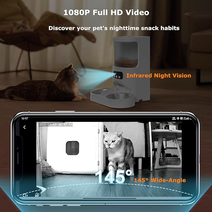 Automatic Cat Feeder with Camera for 2 Cats,1080P HD Video Night Vision Pet Feeder Food Dispenser,5G&2.4GHz WiFi Pet Feeder with 2 Way Audio,Smart App Control 4L Pet Dry Food Dispenser for Cat/Dogs