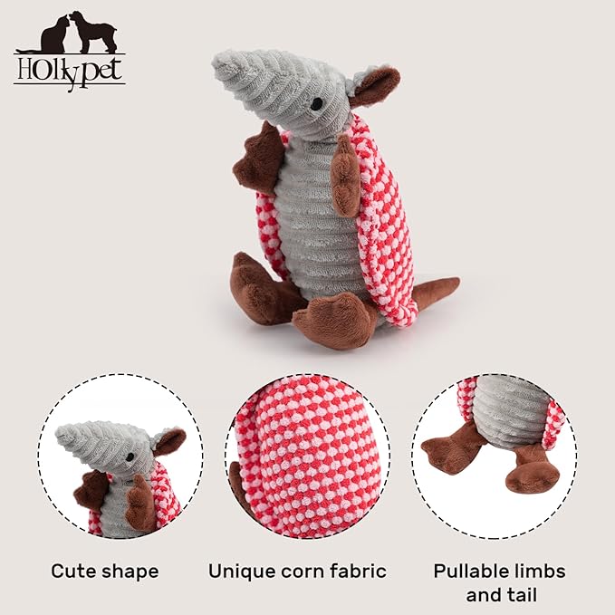 Hollypet Plush Dog Squeaky Toy Stuffed Armadillo Animal Pet Puppy Chew Toys with Clean Teeth for Small Medium Large All Breed Sizes Dogs, Light Pink and Bright Pink,8 in