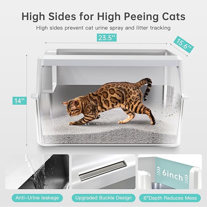 Stainless Steel Litter Box with Lid, 14” XL Stainless Steel Cat Litter Box Enclosure, Extra Large Metal Cat Box, Non-Sticky, Anti Leakage, Easy Cleaning Litter Pan, Include Scoop
