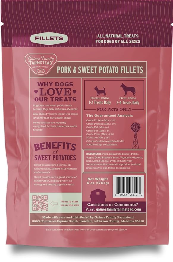 Gaines Family Farmstead Sweet Potato & Pork Dog Treats – 6 oz Pouch, Tastes Like Bacon! Chewy, Natural, Grain-Free, Limited Ingredient, Healthy Chews and Training Treats for Dogs, Made in USA