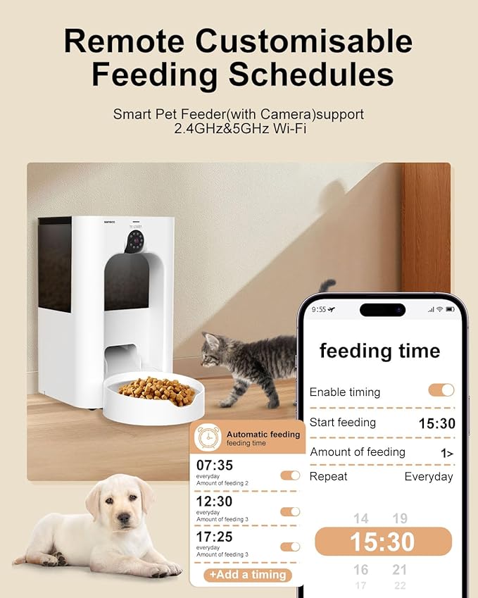 SANSCO Automatic Cat Feeder with Camera: Automatic Dog Feeder, 2MP Video Recording Timed 2.4 & 5GHz WiFi App Control Pet Feeder Dispenser for Cat Dog, Rotates Up and Down, 4L