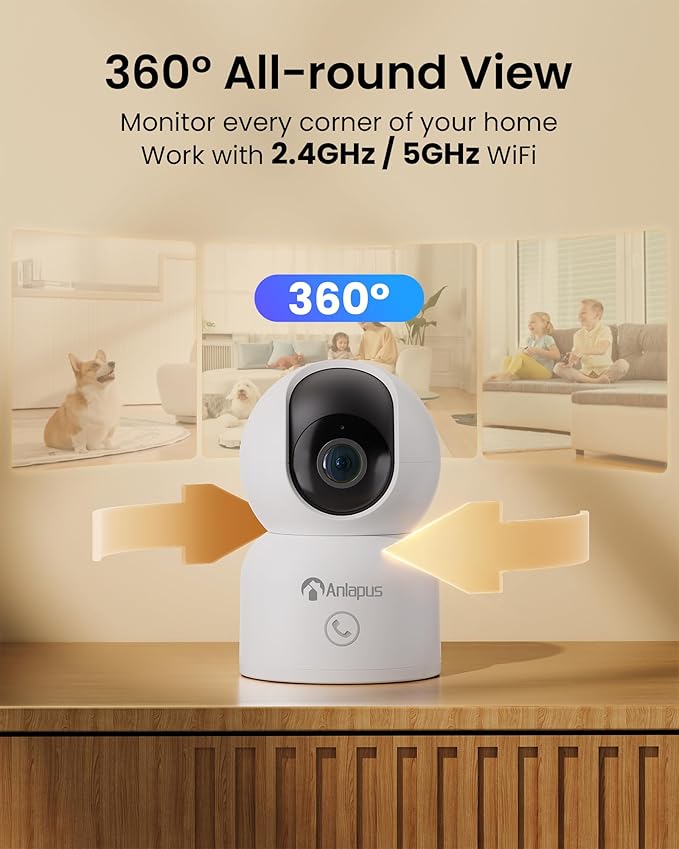 Anlapus 2MP Home Security Indoor Camera, C518 1080p Pan/Tilt WiFi Camera, 2.4/5 GHz 360° Plug-in Camera, Motion Detection, One-Touch Call, Auto Tracking, Night Vision (Memory Card Not Include)
