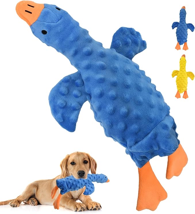 Squeaky Plush Dog Toy for All Breeds, Multifunctional Goose Dog Toy with Honking Sound, Crinkle Paper, Treat Pocket, Durable Soft Stuffed Animal for Chewing, Cuddling, Interactive Play (Blue)